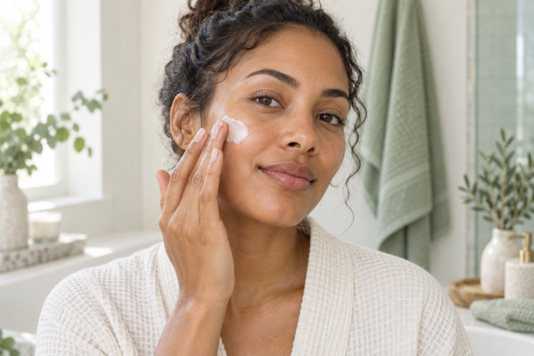 Woman gently applying face cream to her cheek