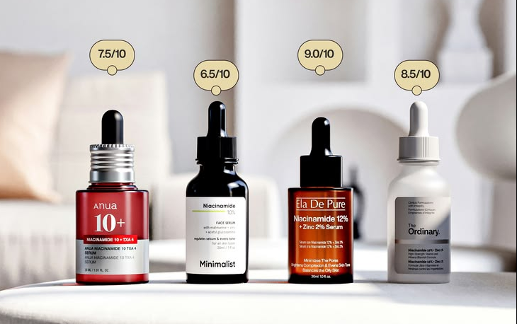 Four skincare serum bottles displayed side by side