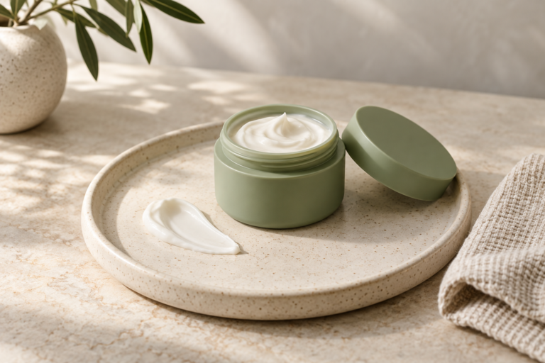 Open sage-green moisturizer jar with white cream on a ceramic tray beside a folded towel.