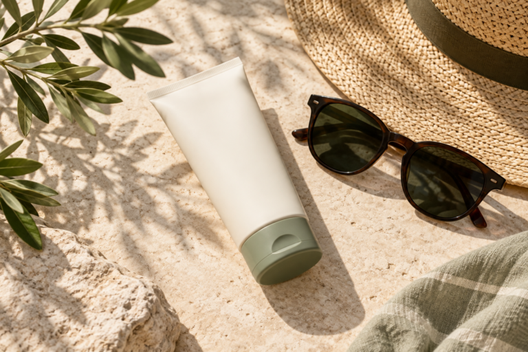 Sunscreen tube beside sunglasses and a woven sun hat on a sunlit stone surface.